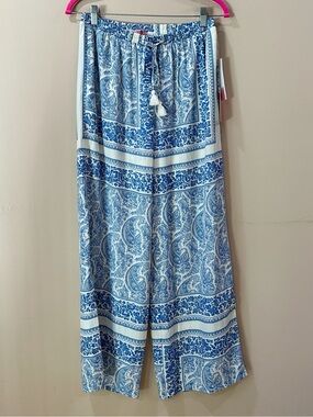 Rose & Olive Women Blue White Paisley Border Print Palazzo Beach Pants Women S